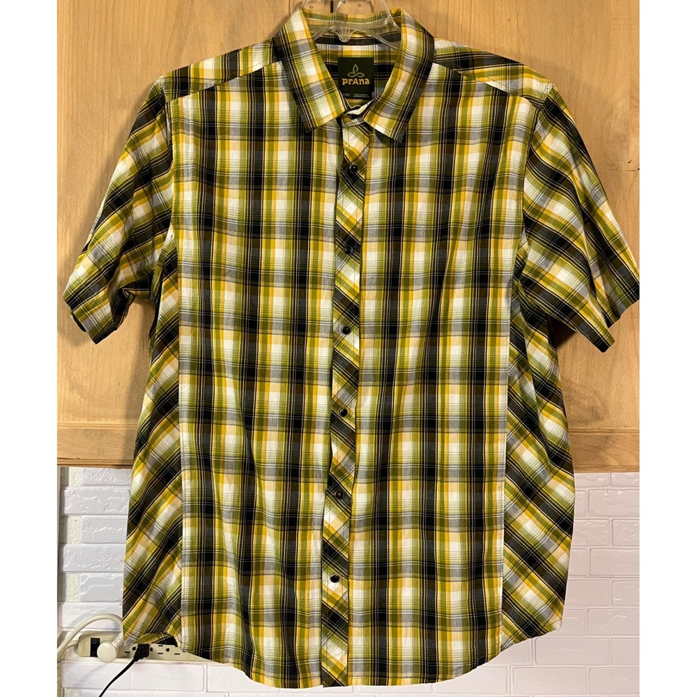 Prana Plaid Button Down Shirt Mens Large Yellow Green Short Sleeve